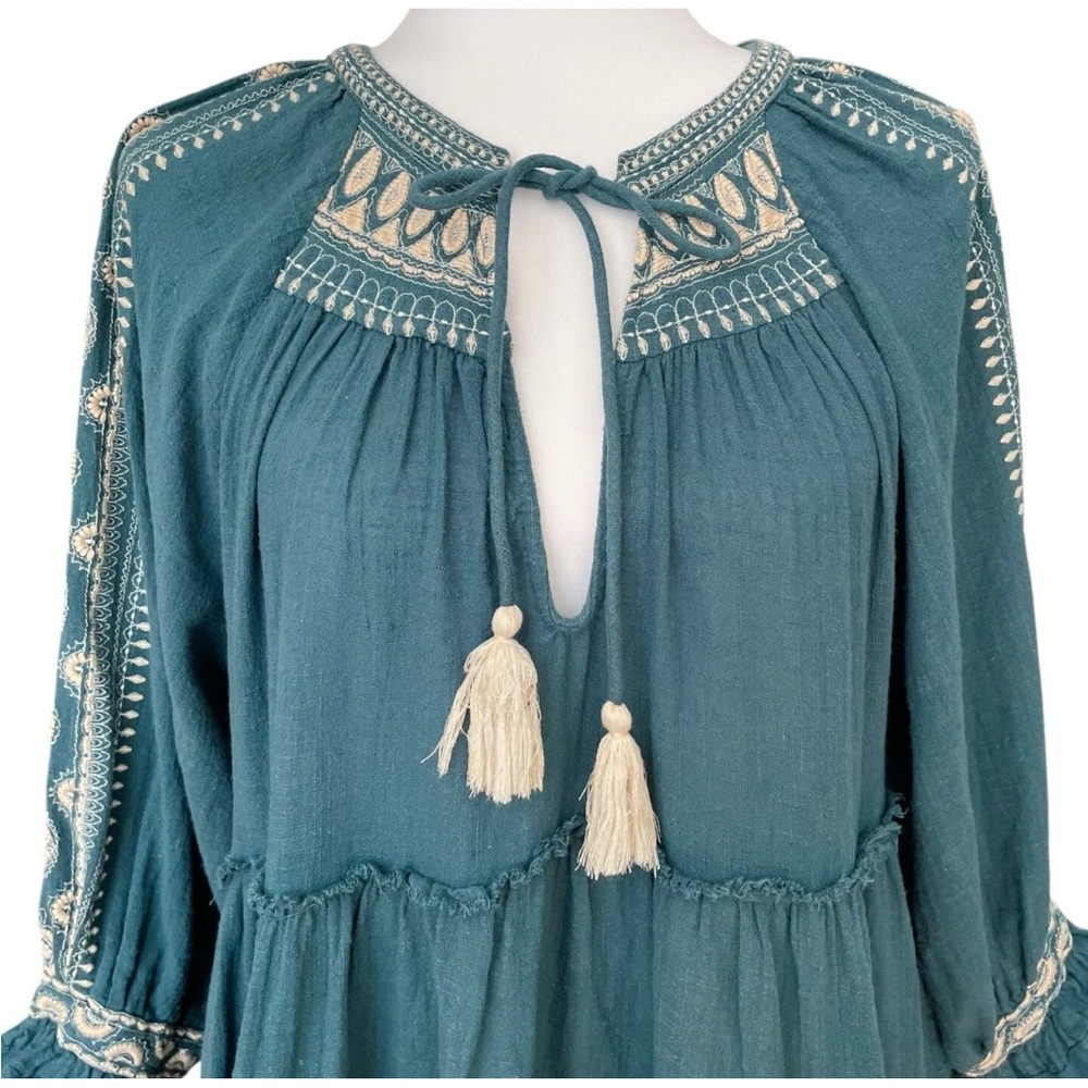 Free People Embroidered Boho Peasant Tunic Top Teal Blue Women’s Medium - Picture 5 of 16
